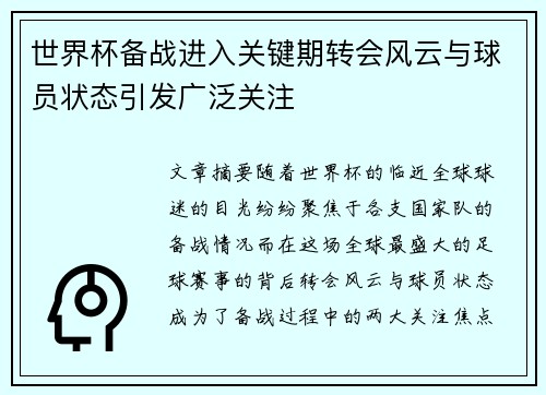 世界杯备战进入关键期转会风云与球员状态引发广泛关注