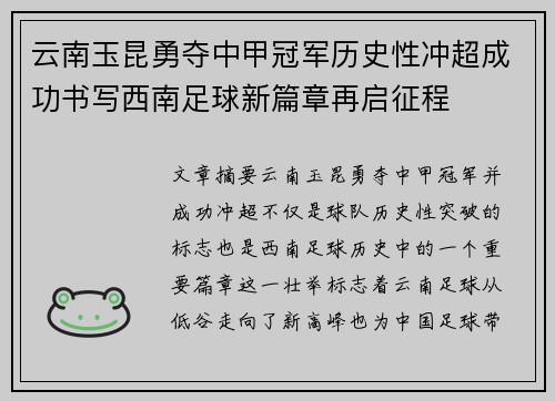 云南玉昆勇夺中甲冠军历史性冲超成功书写西南足球新篇章再启征程